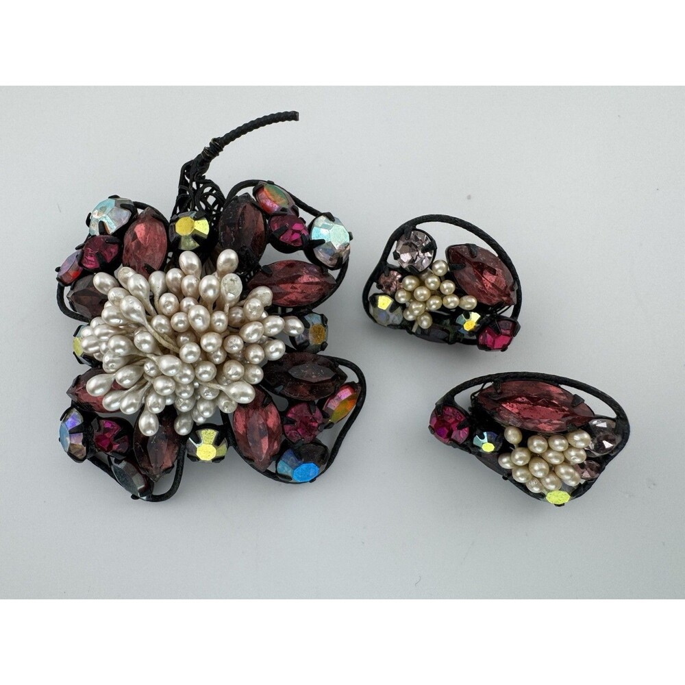 Early Unsigned Brooch Earrings Set Hand Wired Construction Japanned Metal MCM